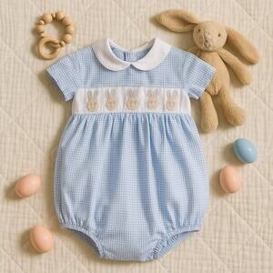 LuLu Bebe Seersucker Easter Bunny Romper Blue Peter Pan Collar Smocked Baby 9M